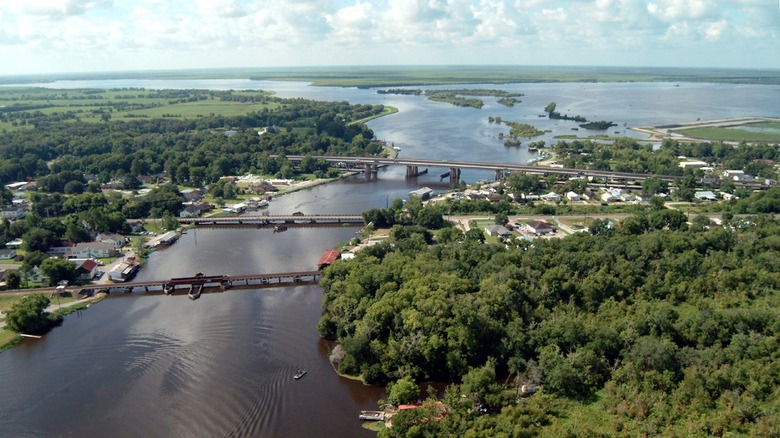 Aerial view of bridges across a bridge and lush green scenery