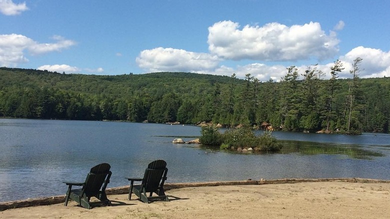 Chairs on Minerva Lake beach facing the forest
