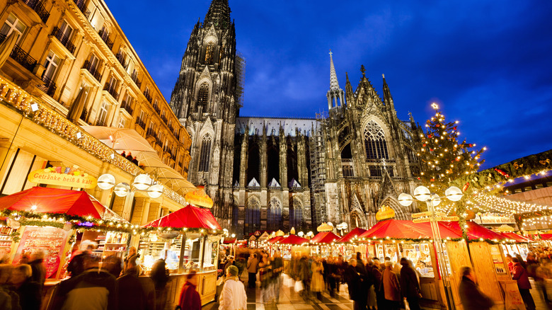 A Christmas market in Cologne, Germany, at night