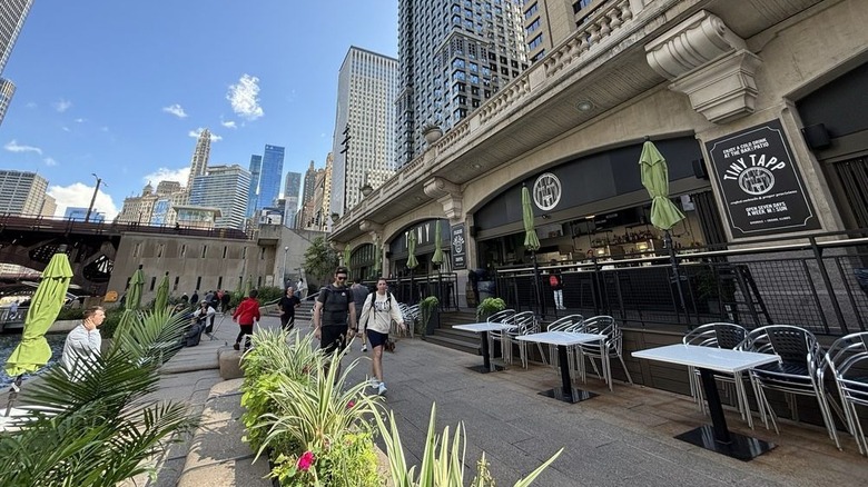 Outdoor seating at the Tiny Tapp Cafe on the Riverwalk