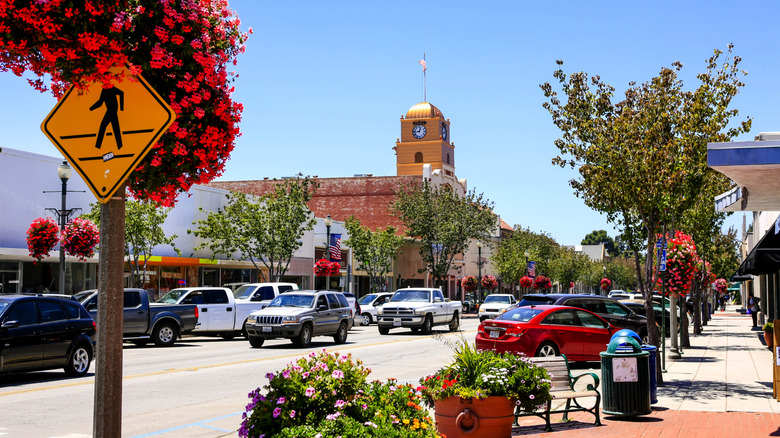 Flowers hang from streetlights and cars drive down the street in historic downtown Santa Paula, California.