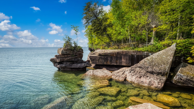 Clear water and rocks along tree-lined lakeshore