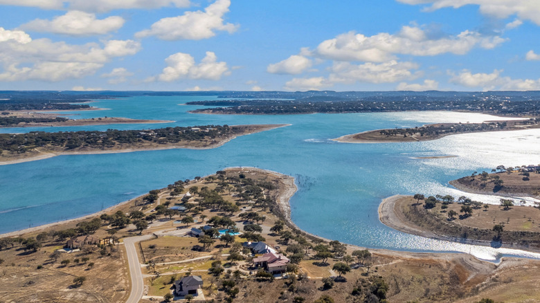 Aerial view of bright blue Canyon Lake in Texas