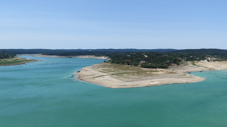 Aerial view of the blue-green water of Medina Lake in Texas