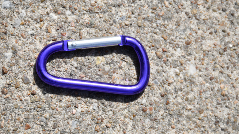 purple caribiner on rock background