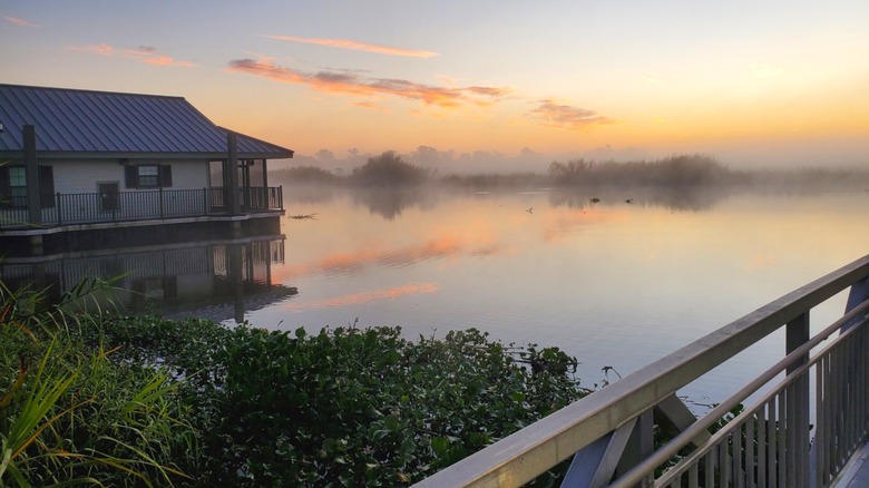 Mist floats above the water near a floating cabin at Bayou Segnette State Park.