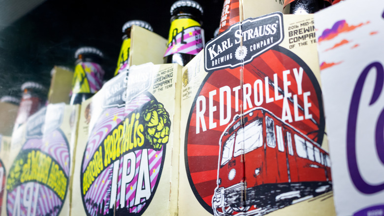 A selection of Karl Strauss beers on the shelf of a bottle shop