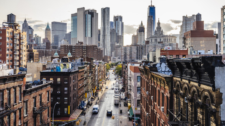 Aerial view down a street in Lower Manhattan