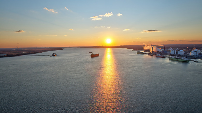 Aerial view of the Delaware River from Marcus Hook in Pennsylvania.