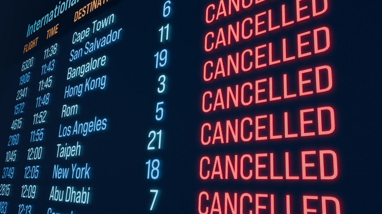 A board showing multiple canceled flights