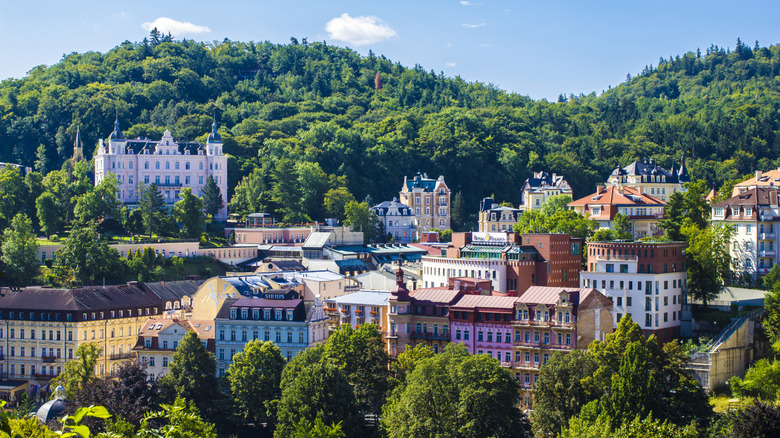 Ariel panoramic view of the picture-book beautiful spa town of Karlovy Vary, Czech Republic