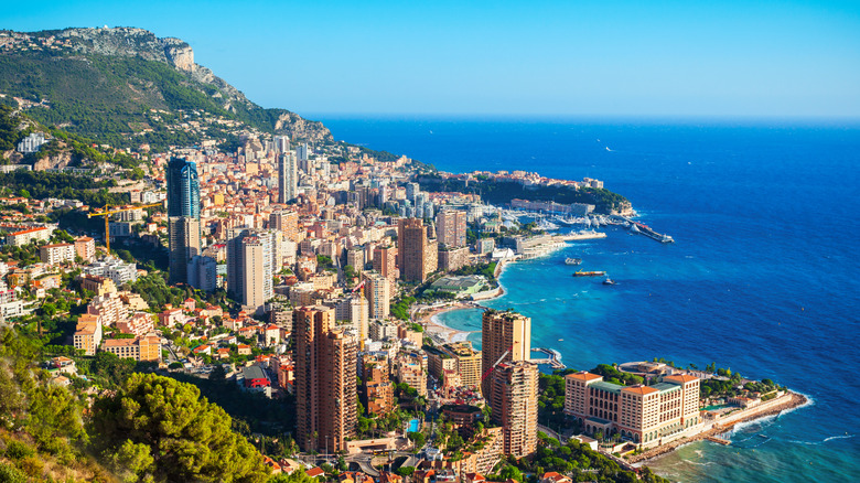 An aerial view of Monaco, with its famous coastline and blue Mediterranean waters