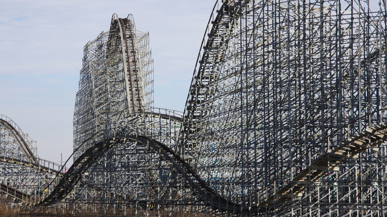 Rusty rollercoaster at an abandoned amusement park