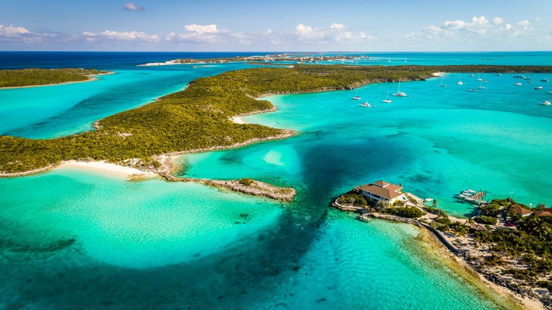 Aerial view of Staniel Cay surrounded by blue water