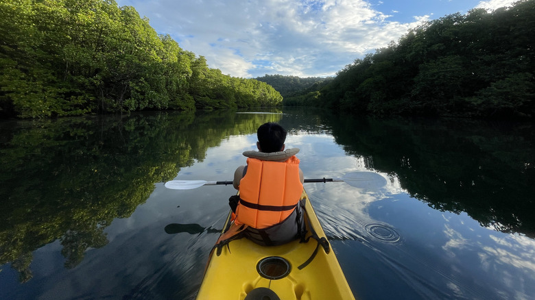 A person kayaking on a river