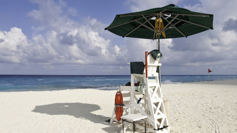 Lifeguard stand on Caribbean beach with no lifeguard