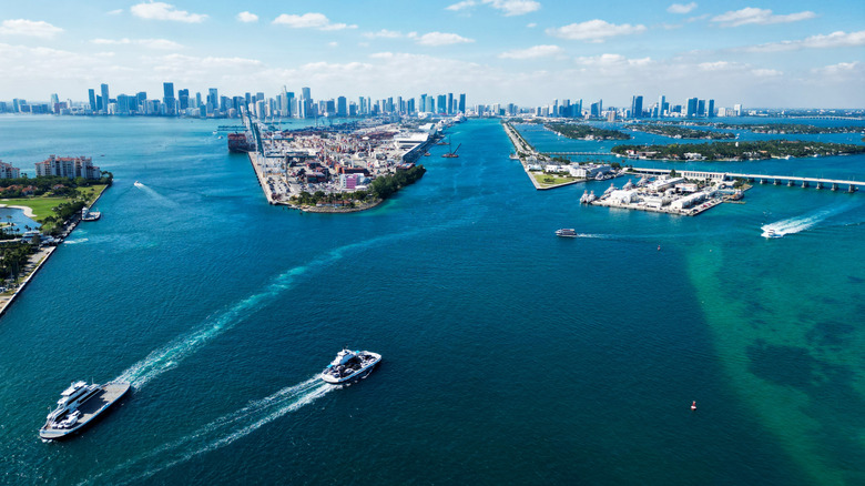 An aerial view of PortMiami with boats sailing by