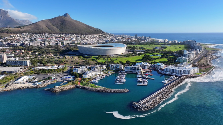 Aerial view of buildings along the coast in Cape Town, South Africa