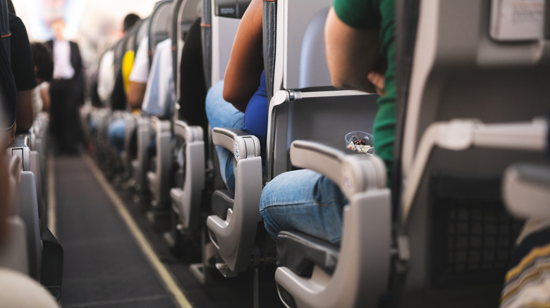 Column of people sitting on airplane aisle seats