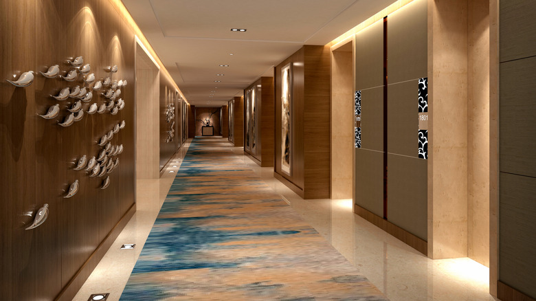 A colorful carpet in a hotel room hallway