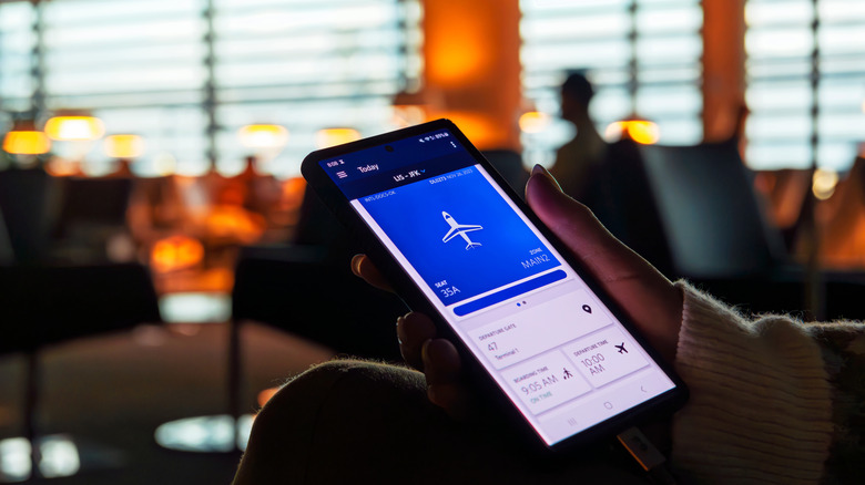 Smartphone displaying an airline app with flight info
