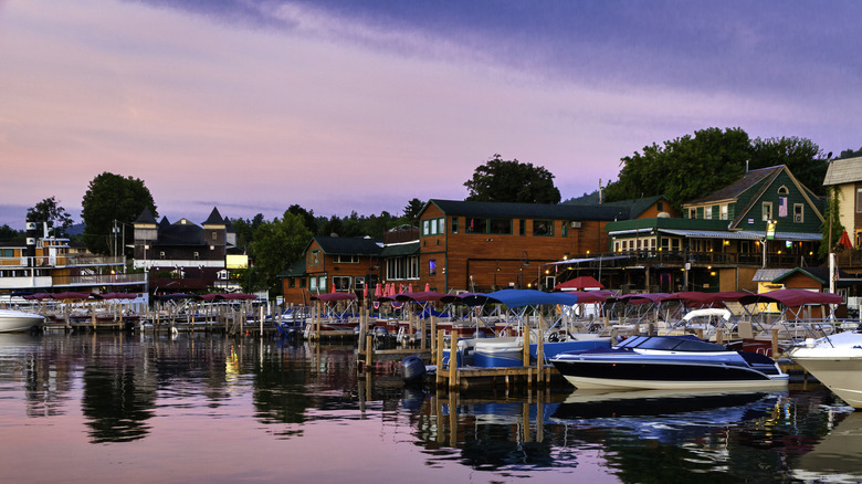 The waterfront at Lake George, with boats in a dock
