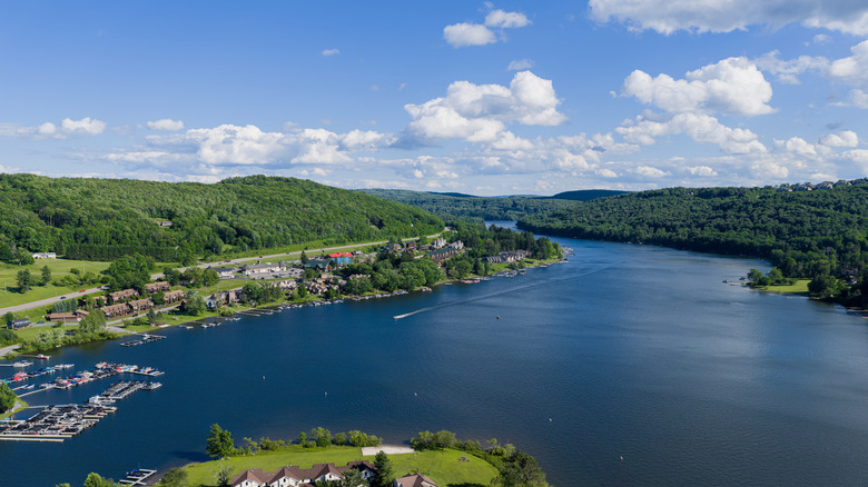 Aerial view of Maryland's Deep Creek Lake with its left shore featuring houses, docks, and boats