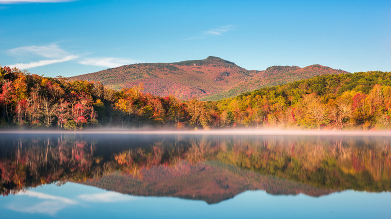 Grandfather Mountain reflected on the water surface of Price Lake in North Carolina