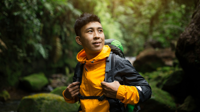 An Asian male solo hiker carrying a backpack and looking at the forest around him