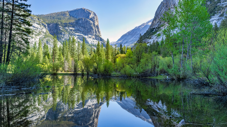 Granite mountains reflected in Mirror Lake, Yosemite