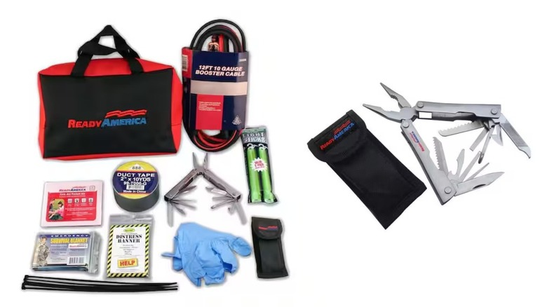 An emergency roadside kit filled with jumper cables, a multi-tool knife, and more.