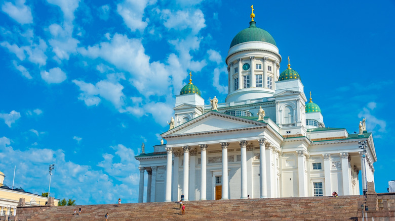 View of Helsinki Cathedral on a clear day with fluffy clouds
