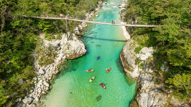 Aerial view of kayaks in the Soca River