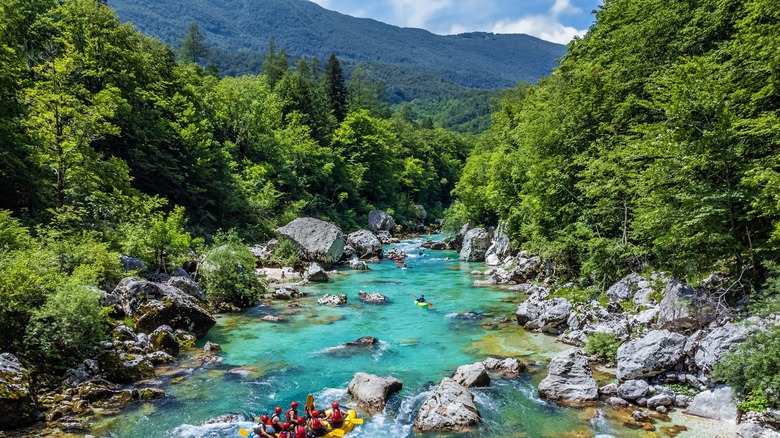 Aerial view of the emerald alpine river Soca