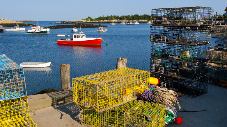 Colorful lobster traps on a dock at Matinicus Isle, Maine