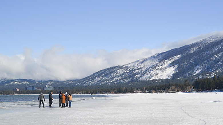 A crowd enjoying the frozen waters of Lake Tahoe