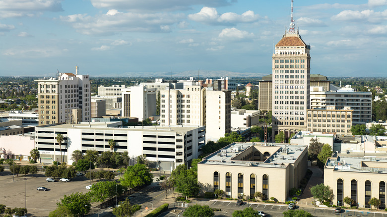 Aerial shot of downtown Fresno, California on a sunny day in spring