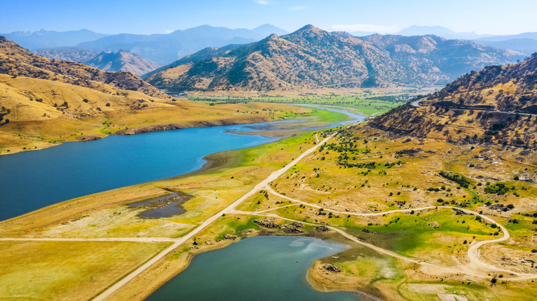 An aerial view of Lake Kaweah and its recreation areas outside of Sequoia National Park, California