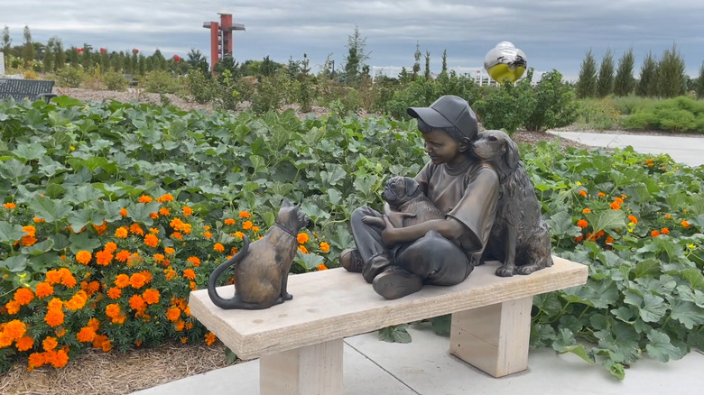 Statue and observation tower in the gardens at Yanney Heritage Park in Nebraska