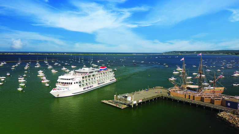 Aerial view of one of American Cruise Lines' Patriot class ships in a harbor in the U.S.