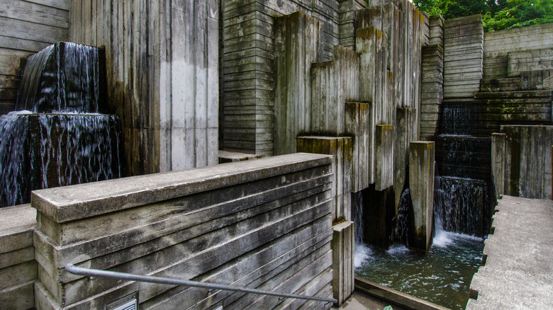 A fountain in the brutalist architecture style located inside Freeway Park in downtown Seattle, Washington