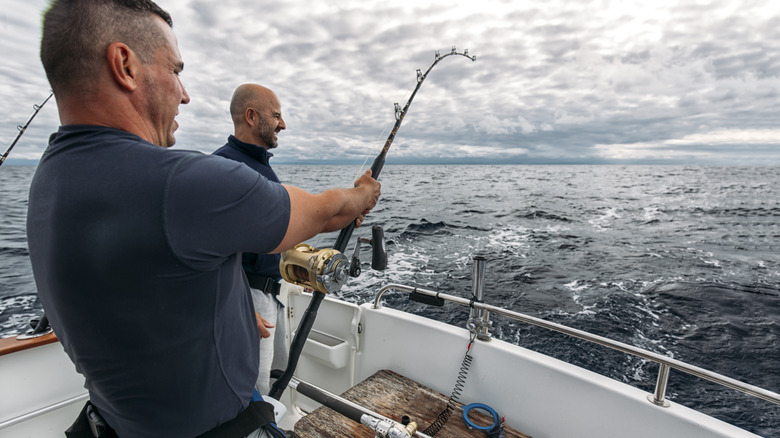 Two men deep sea fishing out in the open sea