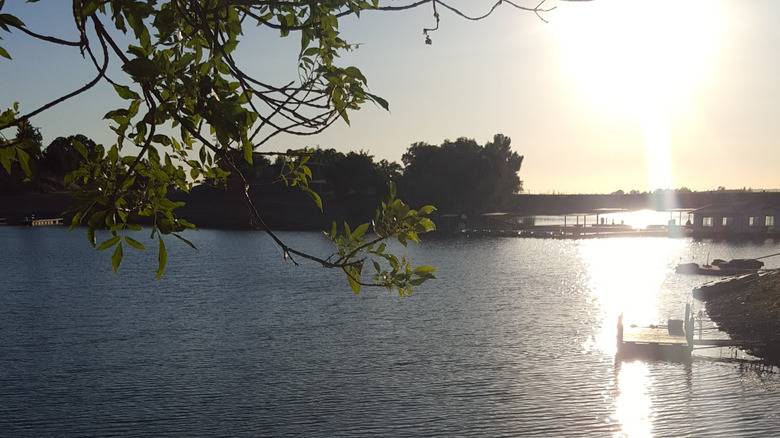 View of Lake Amador dock at sunset