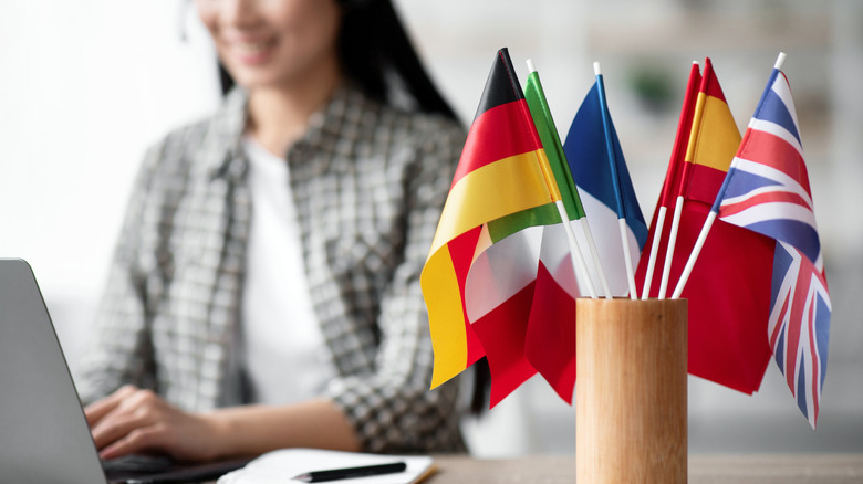 A person studying next to several mini world flags