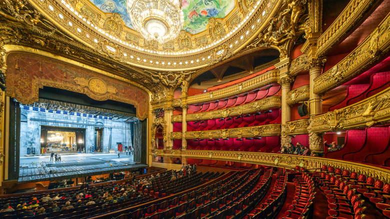 Wide-angle view of Opera Garnier theater and ceiling