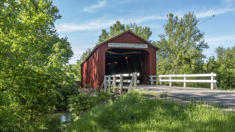 The historic red covered bridge in Princeton, Illinois