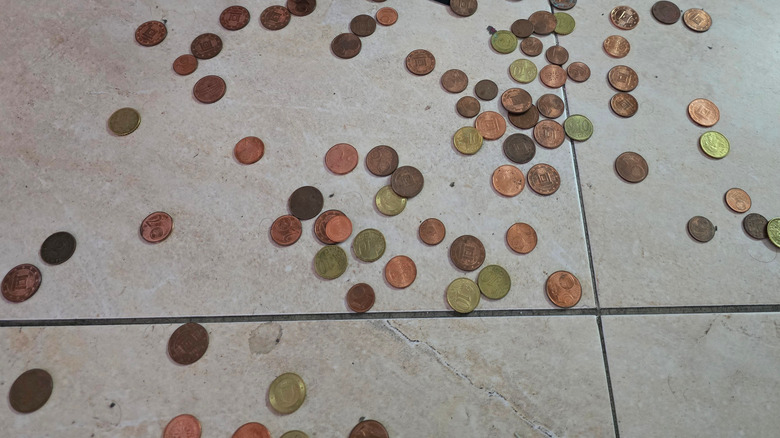 Euro coins spilled all over the ground
