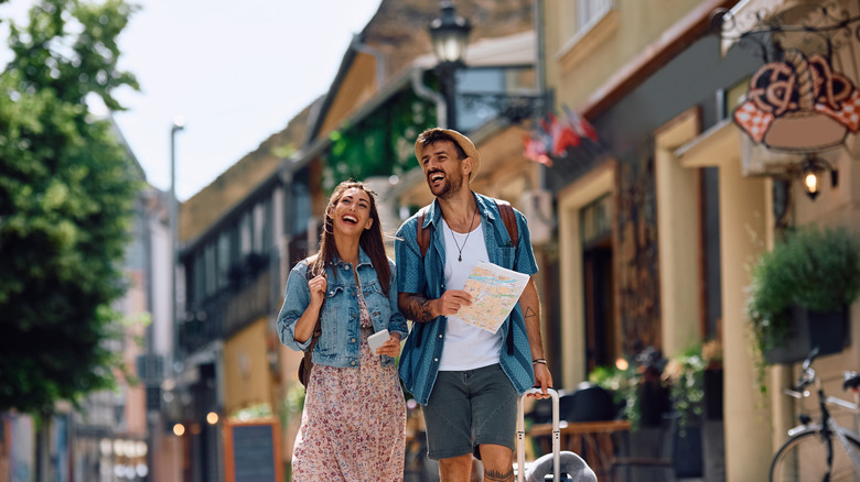 Tourists walking around on vacation in Europe