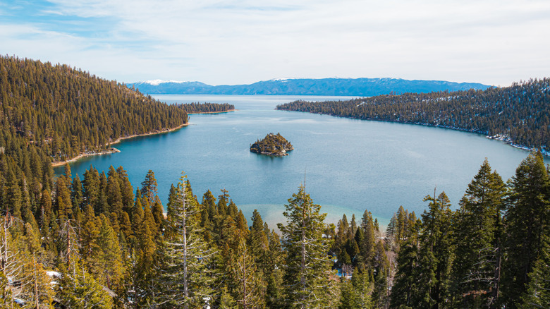 An aerial shot of Emerald Bay in Lake Tahoe, California.