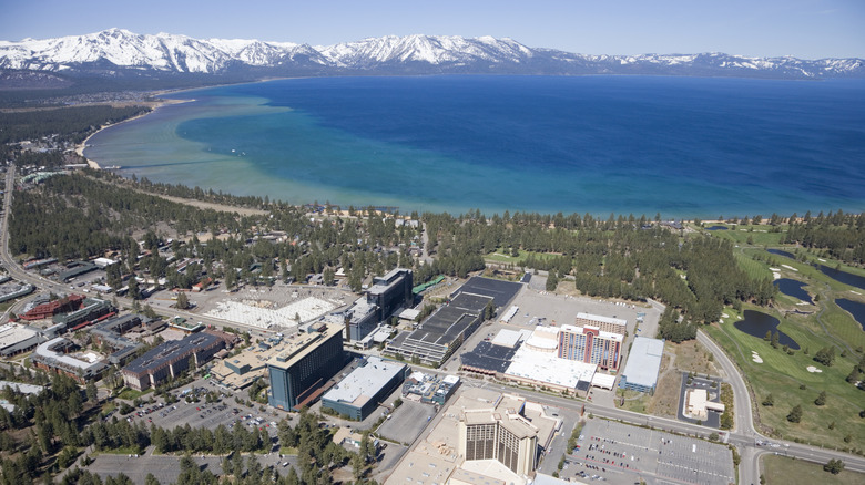 Aerial view of South Lake Tahoe and mountains in the distance